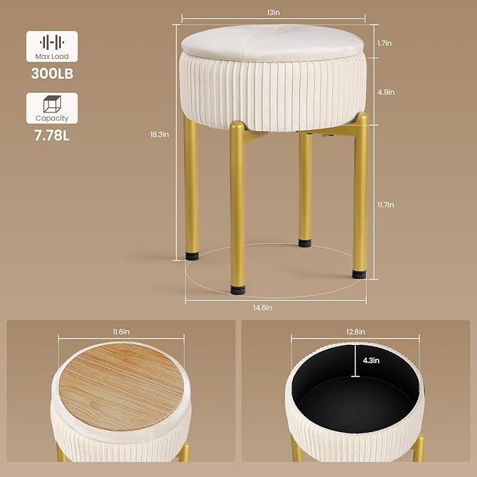 18-Inch Velvet Vanity Stool Chair with Storage, Vanity Bench with 4 Golden Metal Legs & Anti-Slip Adjustable Feet,Round Storage Ottoman Stool with Removable Soft Padded Seat, Beige