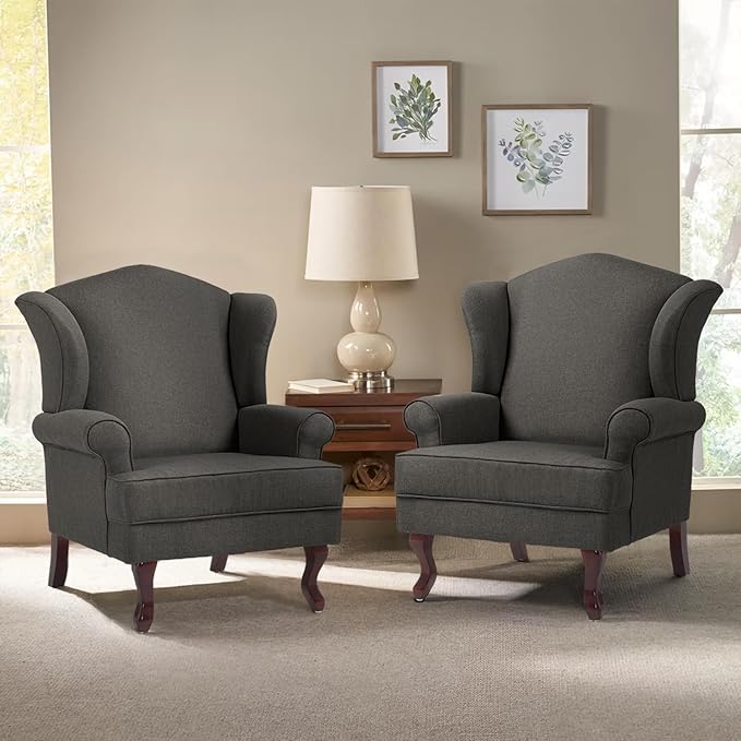 Pia Ricco High Back Floral Accent Chair, Upholstered Fabric Armchair with Solid Wood Legs - Retro Living Room Reading Chair, Comfortable Single Sofa Seat-Charcoal Grey