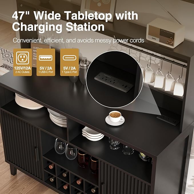 Fluted Buffet Cabinet with Storage, Modern Coffee Bar Cabinet with Outlet, Wine Rack, Cup Holder, Multi-Functional Accent Liquor Cabinet for Living Room, Entryway, Kitchen, Black