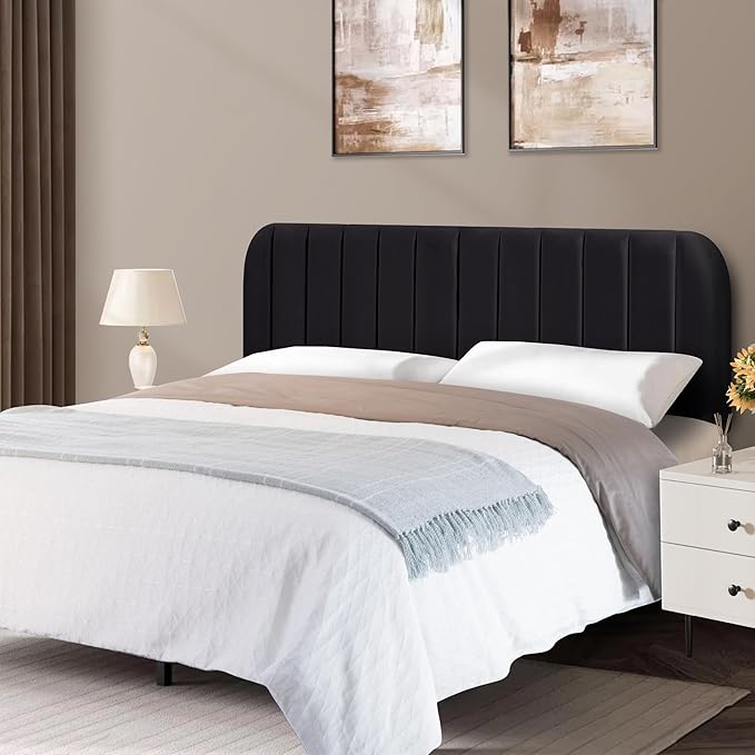 Upholstered Headboard - Striped Interval - Adjustable Height - Metal Legs - Bed Frame (Black, King (U.S. Standard))
