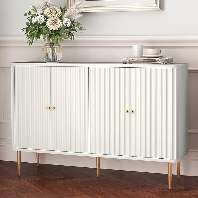 HLR Sideboard Buffet Cabinet, 48" Modern Accent Cabinet with 4 Door and Removable Shelves, Credenza with Storage for Living Room, Dinning Room, Entryway, White