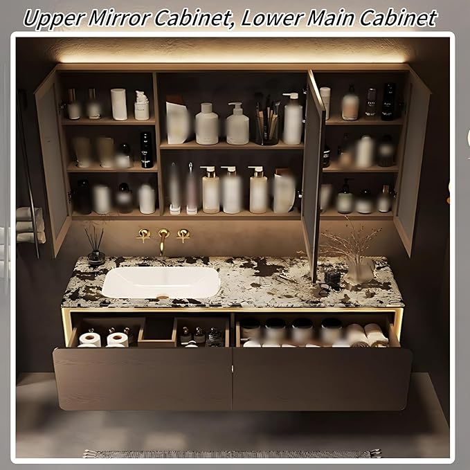 66IN Bathroom Vanity Set with a Single Sink - Embedded Sensor Light Strip & Large Capacity Floating Cabinet | Modern Bathroom Vanities with Defogging Mirror Surface & LED Lighting (Mirror Cabinet)