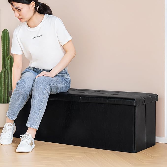 PINPLUS Folding Storage Ottoman Bench, Black Faux Leather Long Chest with Tray, Footrest Seat, Blanket Storage for Living Room Bedroom Office Hallway, 43.3"x15"x15"