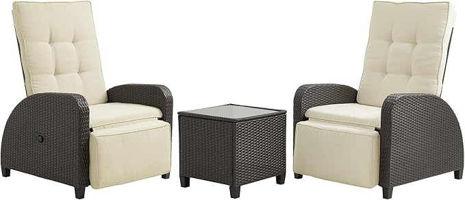 3-Peices Outdoor Patio Recliner with Independently Adjustable Backrest , All-Weather Wicker Patio Chair with Side Table, 160° Lay Flat Patio Reclining Lounge Chair for Backyard Garden, Beige