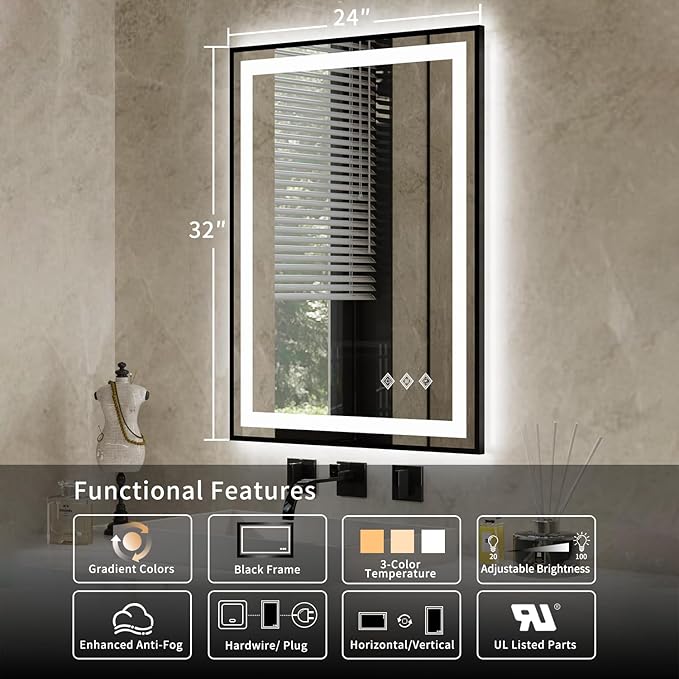 LED Bathroom Mirror, 24x32 Inch Black Framed Gradient Front and Backlit LED Mirror for Bathroom, 3 Colors Dimmable CRI>90, Enhanced Anti-Fog Wall Mounted Lighted Vanity Mirror
