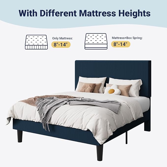 Allewie Queen Size Upholstered Bed Frame with Vertical Channel Tufted Headboard, Soft Corduroy Fabric Platform Bed, Strong Wooden Slats Support, Easy Assembly, No Box Spring Needed, Dark Blue