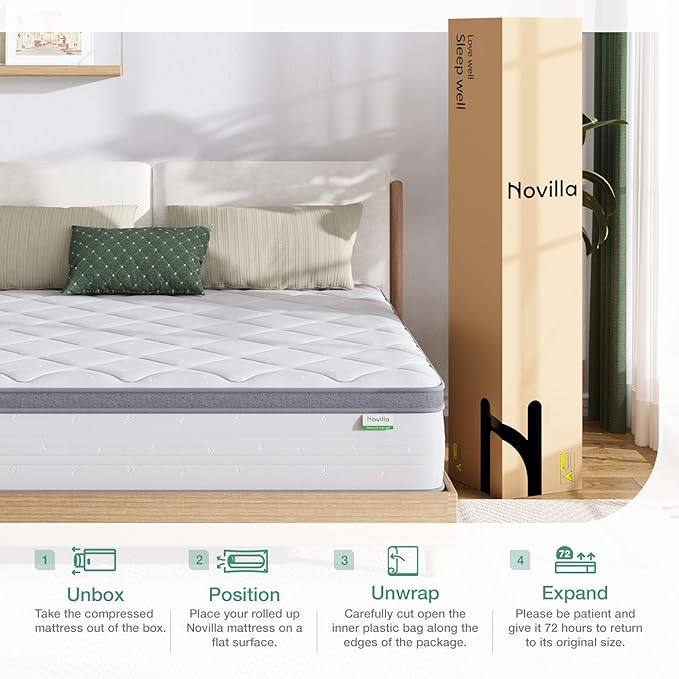 Novilla Hybrid Mattress Queen Size, 14 Inch Plush Mattress in a Box for Back Support & Pressure Relief, Supportive Comfort Foam with Pocketed Innersprings, CertiPUR-US Certified