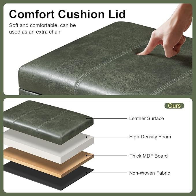 Asense Ottoman with Wheels,16.7x24x18.1 Inches Leather Rolling Ottoman with Storage,Safety Hinge,Upholstered Storage Bench for Living Room,Bedroom,Entryway,Green