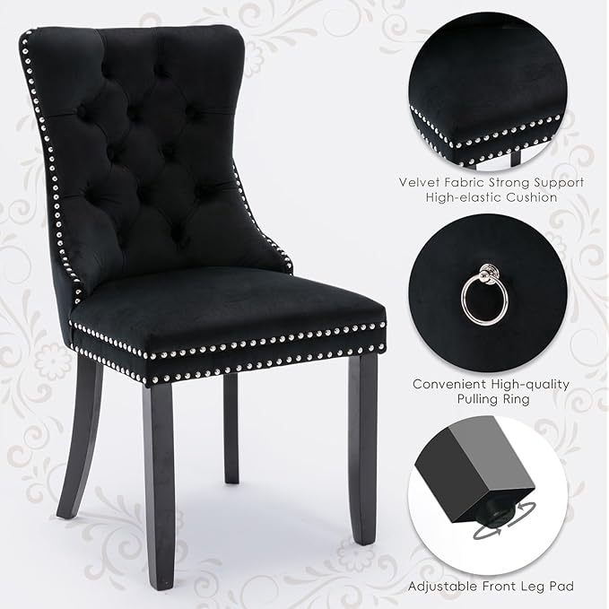 Velvet Upholstered Dining Chairs Set of 8, Modern Style Kitchen Side Chairs with Nailhead Trim and Wood Legs,Metal Pulling Ring for Dining Room Living Room(Black)