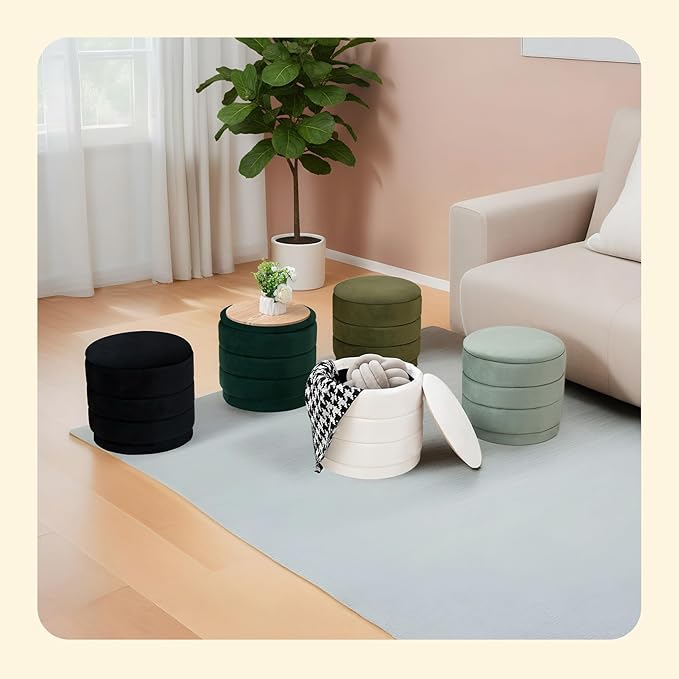 PINPLUS Round Velvet Ottoman Tray, Sage Upholstered Decorative Accent for Footstool or Coffee Table, Removable Serving Surface