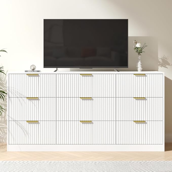 White Dresser for Bedroom with 9 Drawers, 63” Wide White Fluted Dresser Modern Chest of Drawers with Gold Handles, Wooden TV Stand Storage Organizer for Bedroom, Living Room