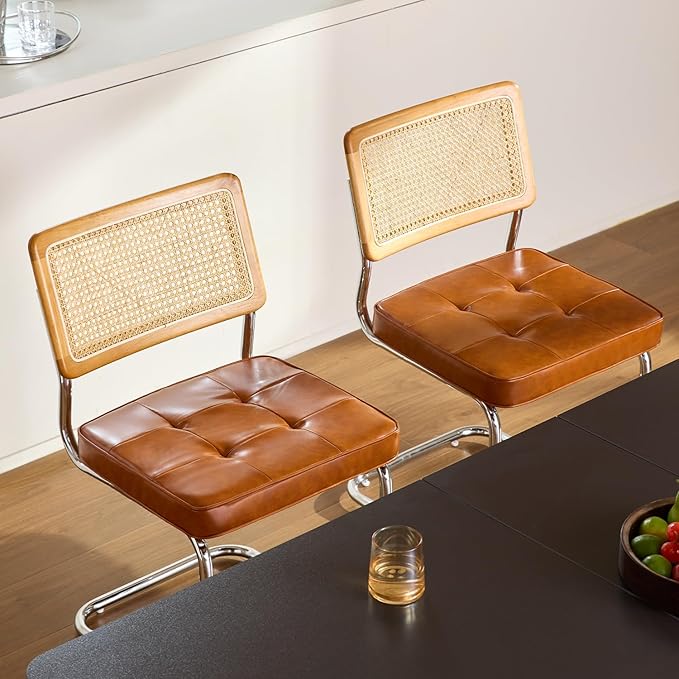 Brown Faux Leather Rattan Dining Chairs Set of 4, Wooden Mid Century Modern Dining Room Chairs, Mesh Back Cane Kitchen Chair, Cesca Design Chairs with Metal Chrome Legs