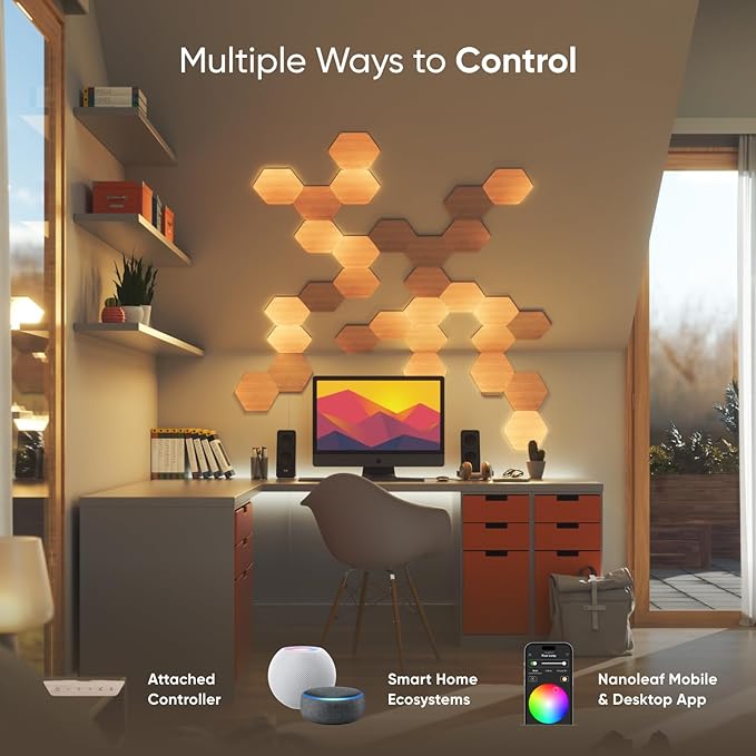 Nanoleaf Elements Wood Look Smart Wall Lights, Hexagon LED Wall Lights work with Alexa Google Assistant, Home Wall Decor for Living Room with Music Sync, Touch Control, Ambient Lighting, 7 PK
