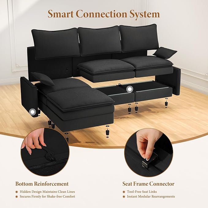 Vesgantti 108" V-Shaped Corner Couch Sectional, 7 Seat Customizable Modular Cloud Couches with Movable Ottoman, Chenille Deep Seat Sofa Set with Chaise for Living Room, Bedroom and Apartment, Black