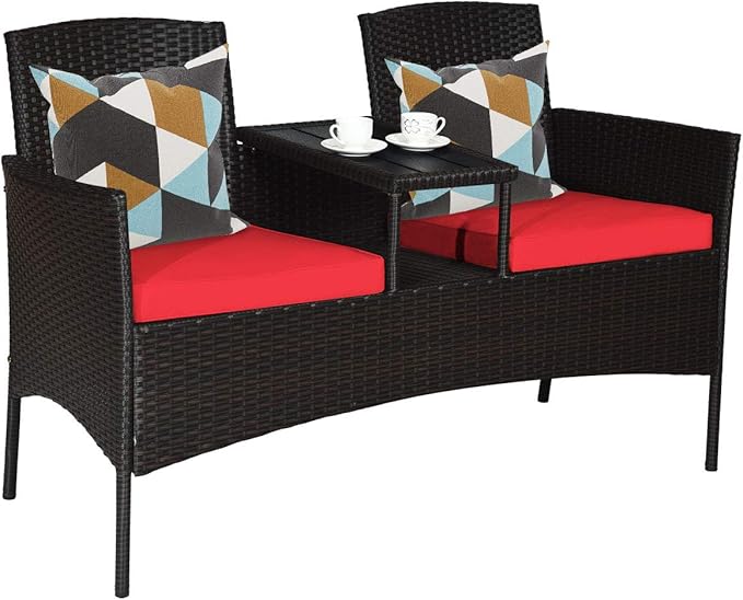 COSTWAY 2-Seat Patio Conversation Sets, Outdoor Patio Loveseat Set with Removable Cushions & Built-in Coffee Table for Backyard, Garden, Lawn, Balcony, Brown+Red