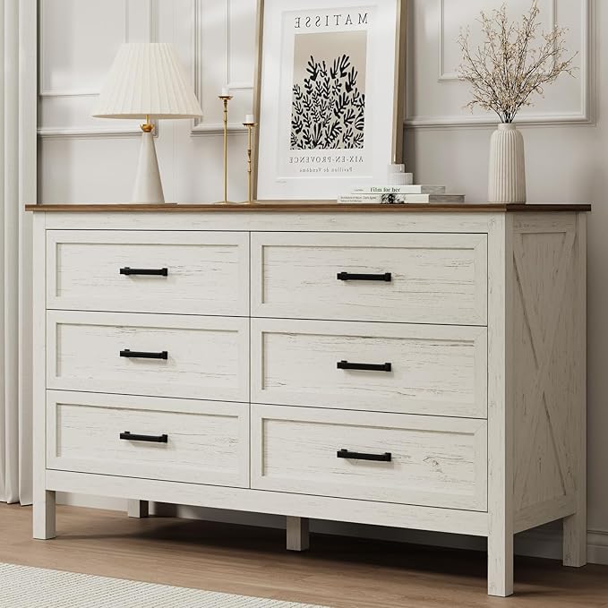 LYNSOM Farmhouse 6 Drawers Dresser for Bedroom, Wood Rustic Wide Chest of Drawers with Deep Drawers, Metal Handle, Storage Dressers Organizer for Entryway, Hallway, Antique White