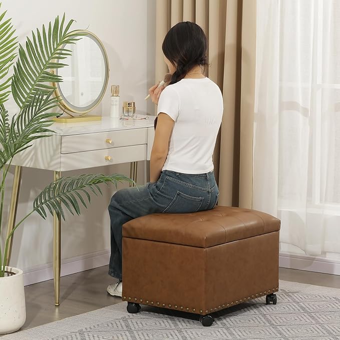 24" Leather Storage Ottoman with Steerable Rolling Wheels, Rectangle Foot Rest Ottoman with Storage for Living Room Bedroom, Vintage Golden Brown