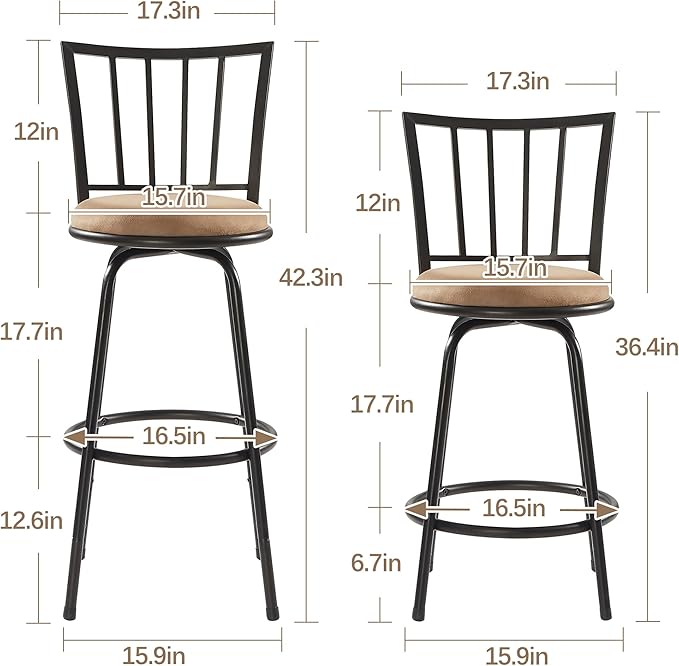VECELO Barstools, Adjustable Counter Stools,Steel Bistro Pub Chairs,Bar Stools with 360 Degree Swivel Cushion Seat, Straight Line Backrest,Set of 4