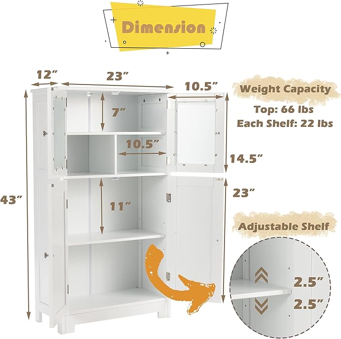 LOKO Bathroom Floor Cabinet, Storage Cabinet with Glass Doors, Wooden Kitchen Cupboard with Adjustable Shelf, Versatile Floor Storage Cabinet for Bathroom, Living Room & Kitchen (White)