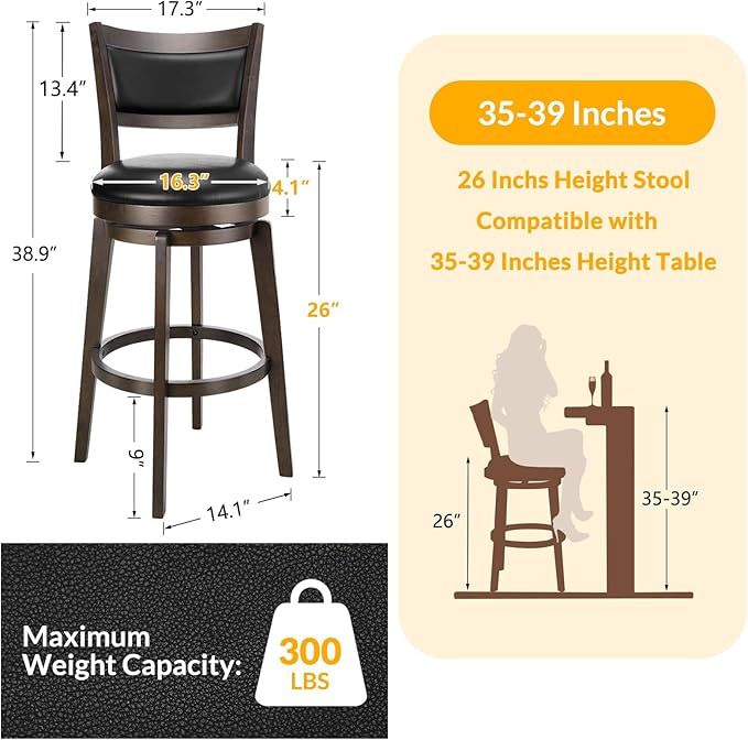 PrimeZone Swivel Bar Stools Set of 3, 26 Inch Counter Height Barstools, Black Faux Leather Bar Stool with High Backrest & Solid Wood Legs & Wrap-around Footrest, Counter Stools for Kitchen Island, Pub