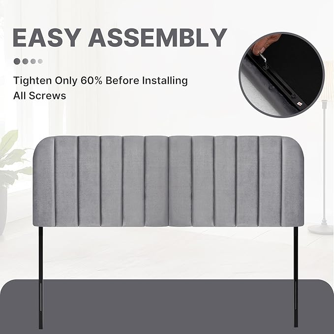Upholstered Headboard - Striped Interval - Adjustable Height - Metal Legs - Bed Frame (Grey, King (U.S. Standard))