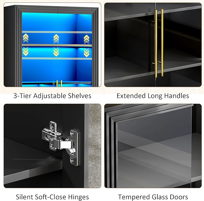 Vlsrka 65" File Cabinet, Filing Cabinets Fit Letter/A4 Size, Storage Cabinet with Doors & Lights, Tall File Bookcase with 2 Adjustable Shelves for Home Office, Living Room, Black