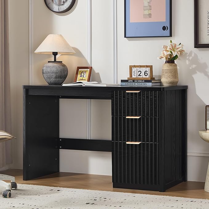 48" Modern Fluted Executive Desk with Storage Cabinet, Black Wood Home Office Desk with File Drawer & Metal Handles, Large Computer Writing Table for Office,Study, Living Room, Bedroom