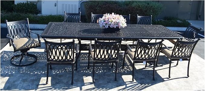 Grand Tuscany Outdoor Cast Aluminum Powder Coated 11-Piece Dining Set with Extendable 48x132 Table (with 2 Rockers and 8 Regular Chairs)
