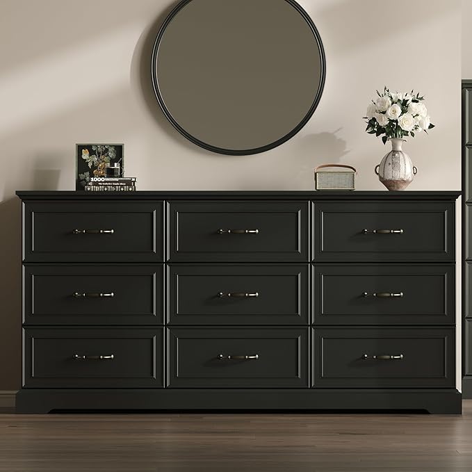 Farmhouse 9 Drawers Dresser for Bedroom, 63" Wide Modern Chest of Drawers with Deep Drawers & Bar Handles, Rustic Wood Dresser TV Stand, Wooden Closet Storage Organizer for Living Room, Hallway, Black