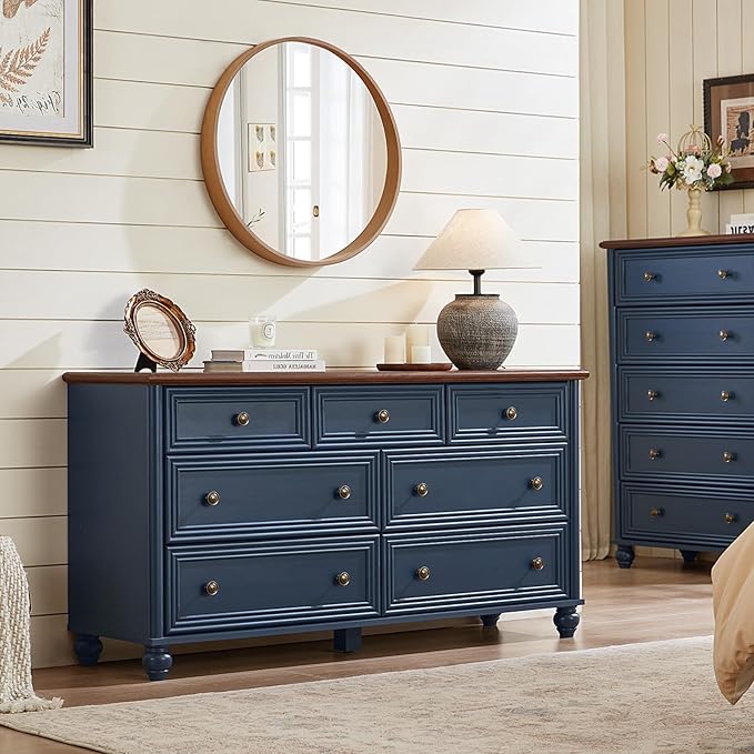 Farmhouse Dresser and Nightstand Sets 4 Piece, Wooden 7 Drawer Dresser & 35" Tall Chest of Drawers, 18" Roman Column Nightstand Set of 2, Bedroom Furniture Dressers Sets for Home Living Room
