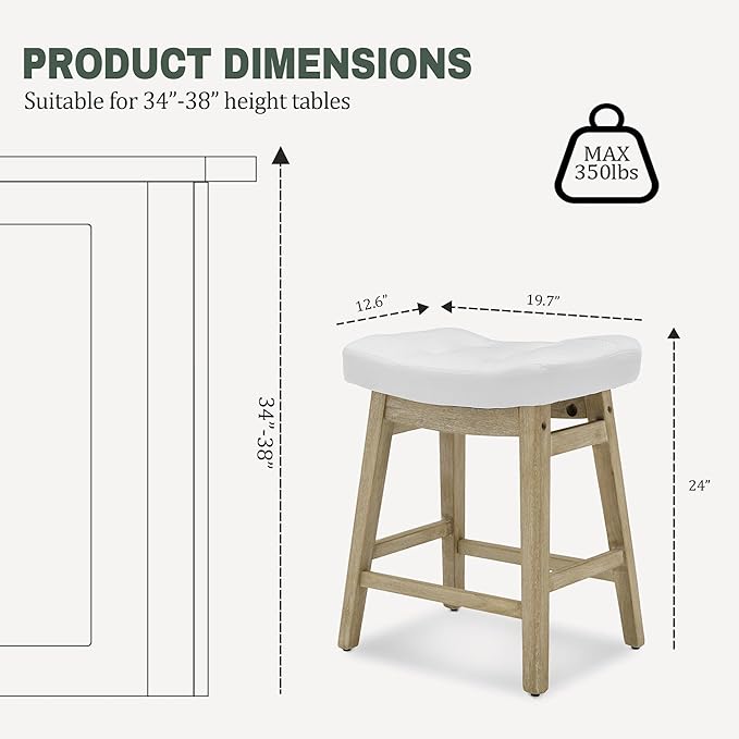 White Bar Stools Set of 3 for Kitchen Counter Island Counter Height Farmhouse Modern Barstools with Faux Leather Upholstered Backless Seat and Solid Wood Legs 24 inch Bar Chairs
