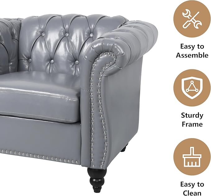 Faux Leather Sofa and Loveseat set, Mid Century Modern Upholstered Couch with Cushions, 2-Piece Home Sofa Living Room Furniture Sets, Comfy Tufted Chesterfield Couches for Bedroom, Office (Grey)