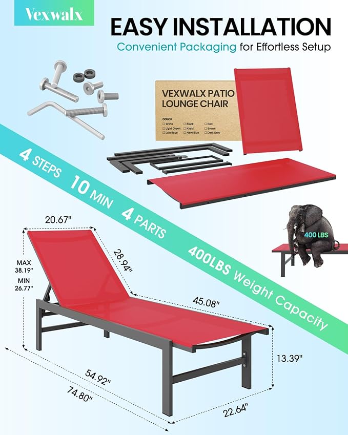 Outdoor Lounge Chairs Set of 2 for Pool, Aluminum Chaise Lounge Chairs with 5-Position Recliner, Patio Lounge Chair for Backyard, Poolside, Deck, Lawn, Red