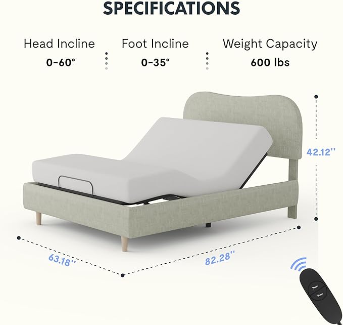 FLEXISPOT Queen All-in-One Adjustable Bed with Linen Upholstered Bed Frame, Soft Cloud Bed with Head & Foot Incline, Adjustable Headboard, Thick Foam Padding, 10-Year Warranty, Easy Assembly, Sage