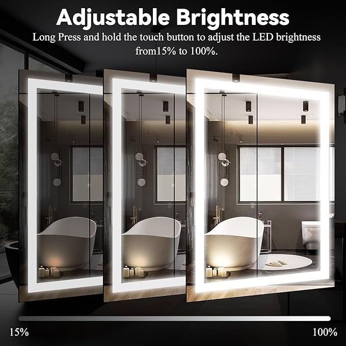 VooBang LED Bathroom Mirror 32 x 48 inches - 3 Adjustable Lighting Modes Lighted Smart Bathroom Vanity Mirror, Anti-Fog, Memory Function, Tempered Glass, Wall Mounted Horizontally Vertically