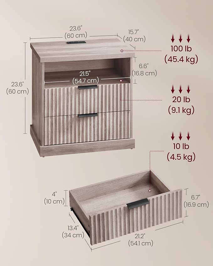 VASAGLE MAXE Collection - Nightstand with Charging Station, Fluted Night Stand, Bedside Table, Mid Century Modern Side End Table, 2 Drawers, 2 AC Outlets, 2 USB Ports, Washed Gray ULET626G01S