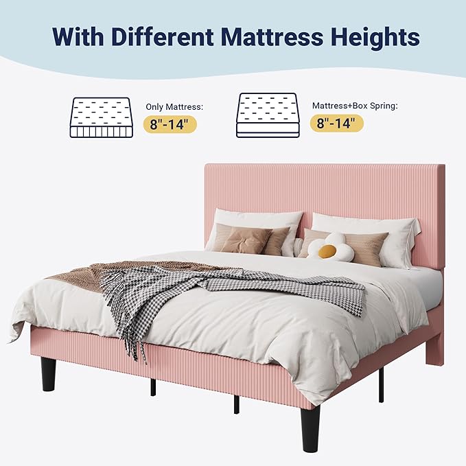Allewie King Size Upholstered Bed Frame with Vertical Channel Tufted Headboard, Soft Corduroy Fabric Platform Bed, Strong Wooden Slats Support, Easy Assembly, No Box Spring Needed, Light Pink