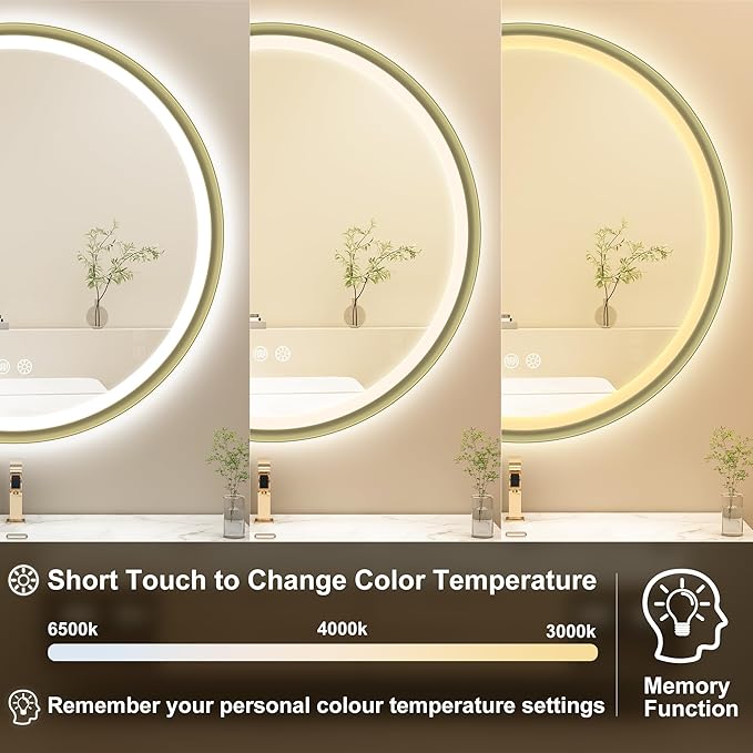 S'bagno 24'' Round Gold LED Mirror for Bathroom with Frontlit & Backlit, LED Vanity Mirror with Metal Frame, Anti-Fog, Stepless Dimmable, 3 Colors Temperature