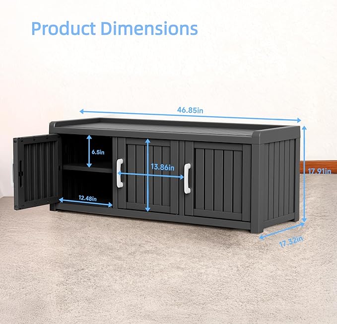 3 Doors Shoe Bench, Waterproof & UV-Resistant, Resin Shoe Cabinet Indoor & Outdoor Use, Entryway Bench with Adjustable Shelves & Hidden Storage Space for Bedroom, Hallway, Black