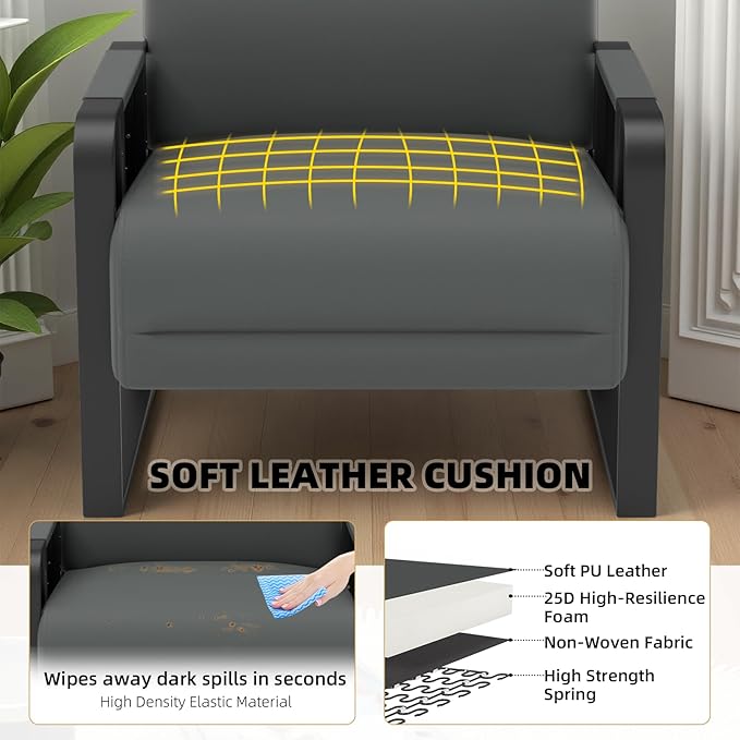 Faux Leather Accent Chair with Flip Up Tray Table Soft Backrest Side Pocket for Living Room Office Bedroom Leather Accent Chair, Gray