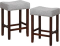 COSTWAY Counter Height Bar Stools Set of 2, 25-inch Backless Saddle Stools with Nailhead Trim, Rubber Wood Frame, Footrest, Max Load 330 Lbs, Upholstered Barstools for Kitchen Island Pub, Grey