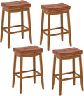 COSTWAY Saddle Bar Stools Set of 4, 29-Inch Bar Height Barstools w/PU Leather Seat, Solid Rubber Wood Frame, Footrest, Mid-Century Backless Bar Stools for Kitchen Island Home Bar