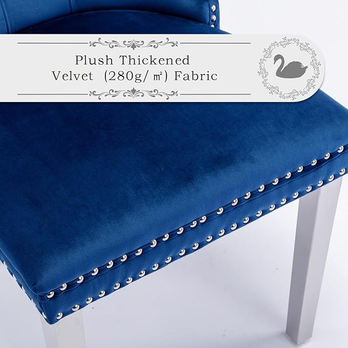 Velvet Upholstered Dining Chairs Set of 8, Modern Style Kitchen Side Chairs with Nailhead Trim and Silver Plated Leg, Metal Pulling Ring for Dining Room Living Room(Blue)