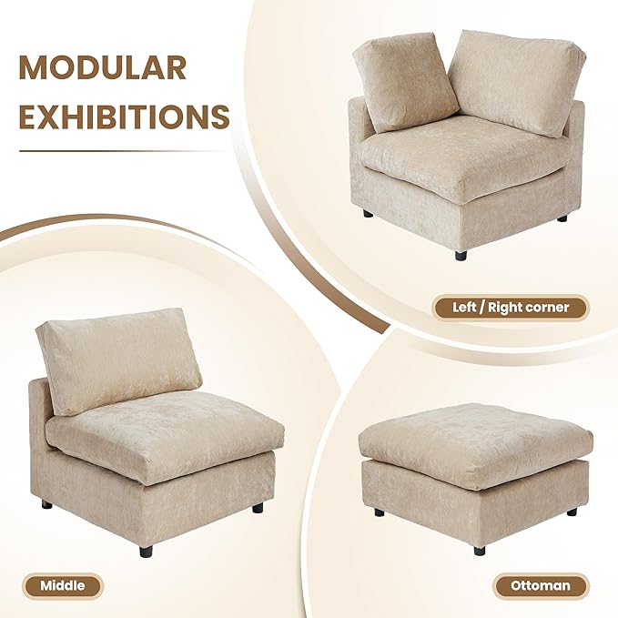 WJShome Modern V Shaped Sectional Couches for Living Room,100 Inch 5-Seater Chenille Deep Seat Modular Sofa with Ottoman, Cloud Couch for Bedroom and Apartment，Khaki