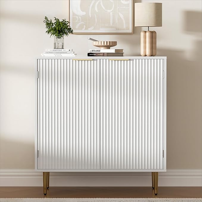 Buffet Sideboard Cabinet with 2 Doors, Modern Kitchen Cabinet with Golden Handles & Legs, Adjustable Shelf, Accent Coffee Bar Storage Sideboard for Kitchen, Living Room, White