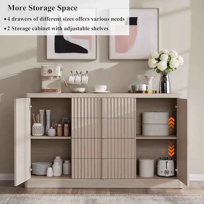 Buffet Cabinet with Storage, 60" Fluted Sideboard with 4 Drawers & 2 Door–Modern Accent Buffet Cabinet with Adjustable Shelves, Credenza Storage Cabinet for Kitchen Living Room, White Alder(1PC)