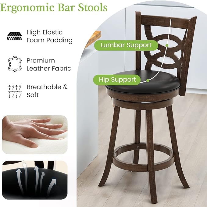 ERGOMASTER Swivel Bar-Stools Set of 2 Brown Counter Height Barstool 29 Inch Seat Bar Chair