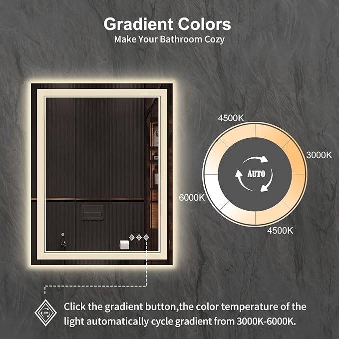 LED Mirror, 28x36 Inch Gradient Front and Backlight Lighted Mirror, 3 Colors Dimmable CRI>90 Double Lights, IP54 Enhanced Anti-Fog, Hanging Plates Wall Mount LED Bathroom Mirror
