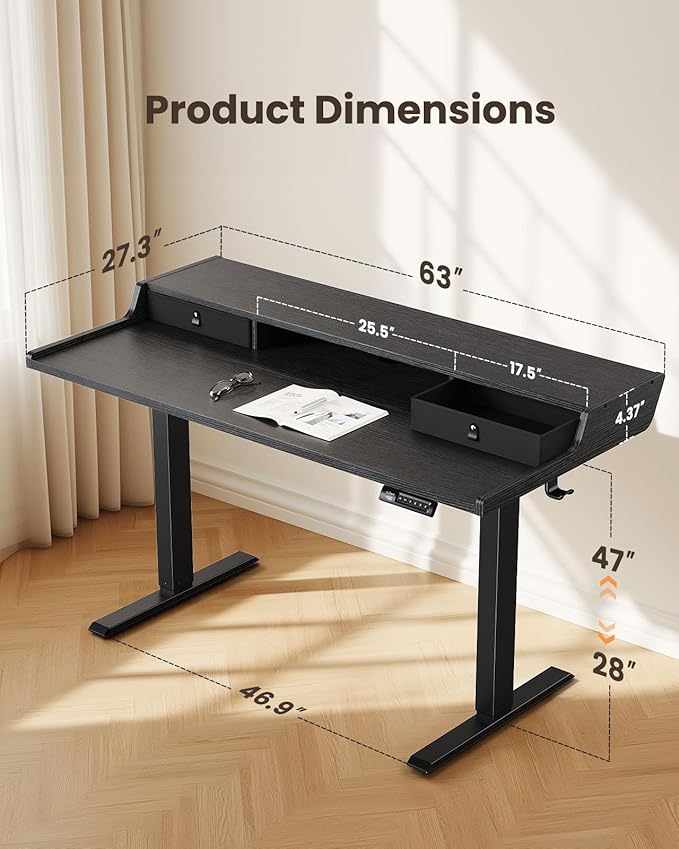 ErGear Electric Standing Desk with Drawers, 63″ x 28″ Gaming Table Compatible Monitor Stand, Stand up Desks, Home Office Height-Adjustable Desk with Storage Shelf, 4 Preset Heights, Black