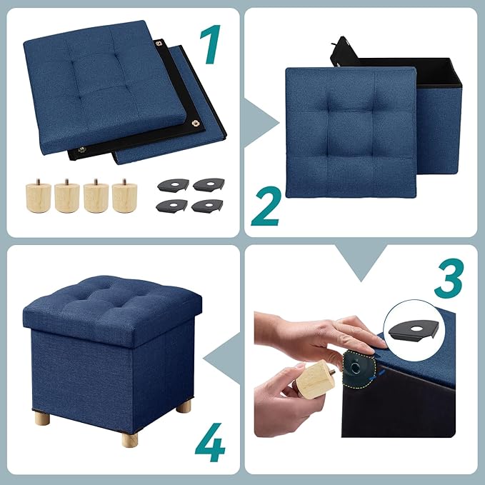 BRIAN & DANY Ottoman with Storage, Small Storage Ottoman for Dorm, Linen Folding Ottoman Foot Stool with Legs for Living Room and Bedroom, 15"x15"x15" - Blue